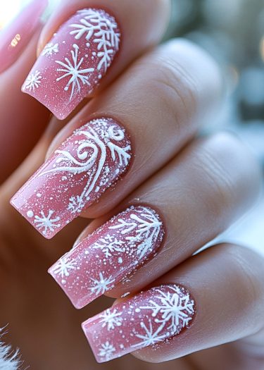 Winter snowflake nail art on soft pink polish, featuring intricate designs and elegant patterns.