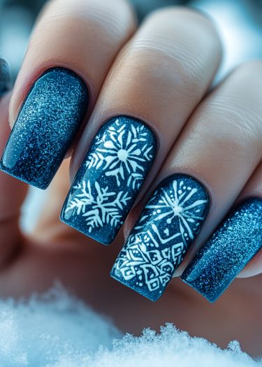 Elegant winter snowflake nail art on dark blue glitter base, perfect for seasonal aesthetics.