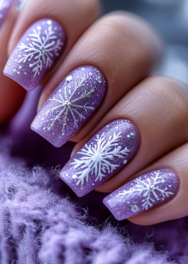 Elegant lavender winter snowflake nail art with sparkling rhinestones for a festive look.