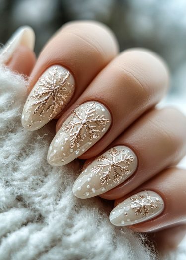 Elegant winter snowflake nail art featuring gold designs on neutral beige almond-shaped nails.