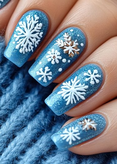 Winter-themed nail design features sparkling blue polish and intricate white snowflakes for elegance.