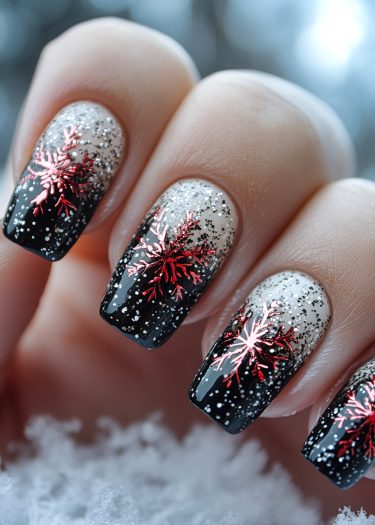 Elegant winter snowflake nail art design with black and off-white gradient and glitter accents.