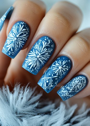 Elegant winter snowflake nail art with blue shimmer base and intricate geometric designs.