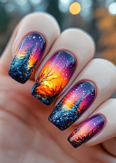 Stunning winter sunset nail art with a serene landscape and twinkling stars.