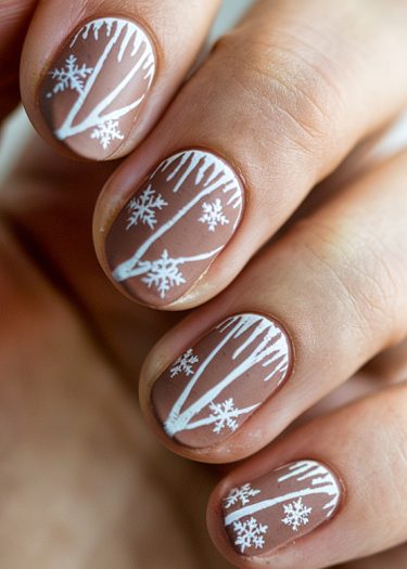 Beautiful winter-themed nail art featuring brown base, white snowflakes, and tree designs.