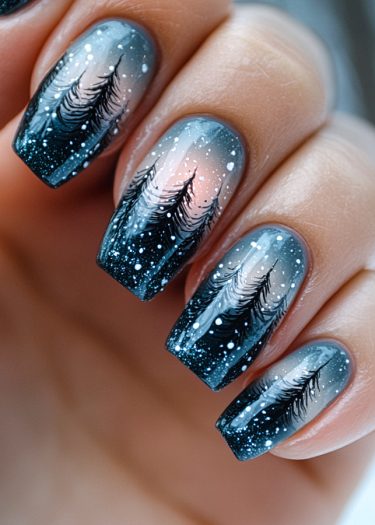 Elegant winter-themed nail art featuring a twilight gradient, pine trees, and snowfall details.