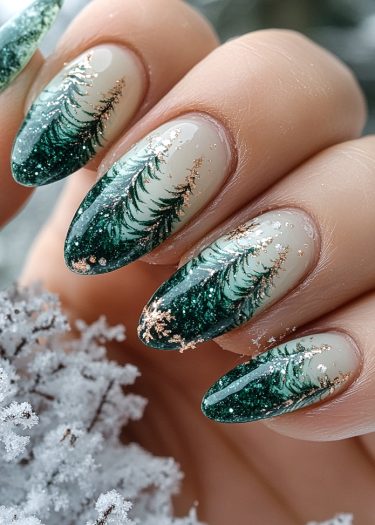 Elegant winter-themed nail art with fir trees, gold flakes, and glittery green tips.