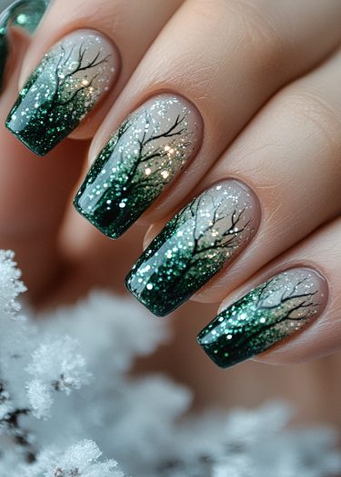 Elegant winter-themed nail art with gradient dark green and glittery tree silhouettes.