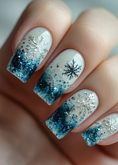 Elegant winter-themed nail art with gradient colors and intricate snowflake designs.