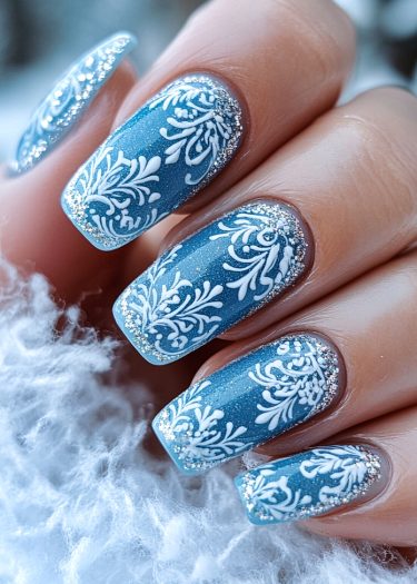 Elegant winter-themed nail art featuring frosty blue and intricate white floral designs.