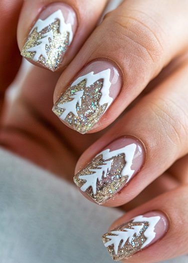 Elegant winter-themed nail art with gold glitter and white snow-covered tree designs.