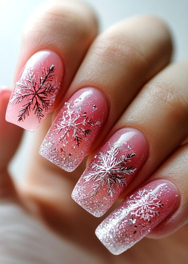 Elegant winter-themed nail art featuring gradient colors and glitter snowflakes for a chic look.