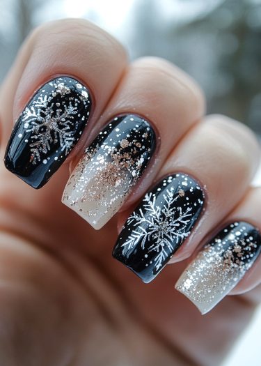 Elegant winter-themed nail art featuring black, white, and silver snowflake designs.