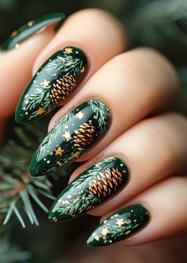 Elegant winter-themed nail art featuring pine needles, cones, golden stars, and snowflakes.