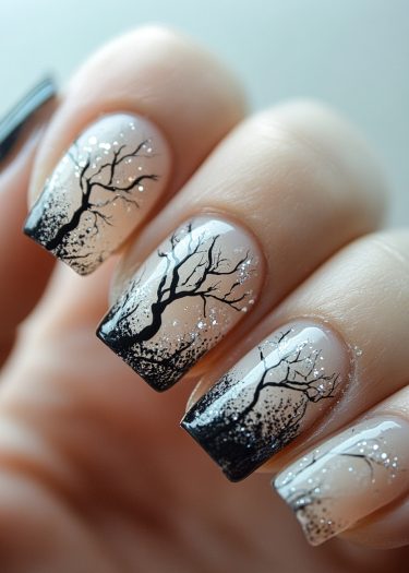 Elegant winter tree nail art with ombre design and sparkling accents on manicured nails.