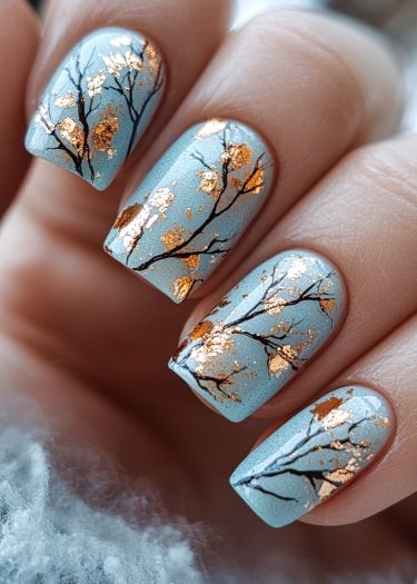 Elegant winter tree nail art with muted blue base, black branches, and gold accents.