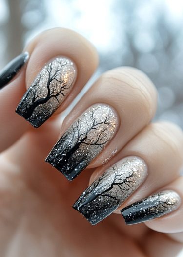 Elegant winter tree nail art with sparkling gradient and detailed black silhouettes.