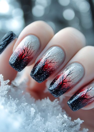 Winter trees nail art with gradient background and snowflakes creates a serene seasonal design.