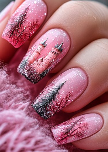 Stunning winter wonderland nail art featuring a pink castle, trees, and snowflakes on a gradient.