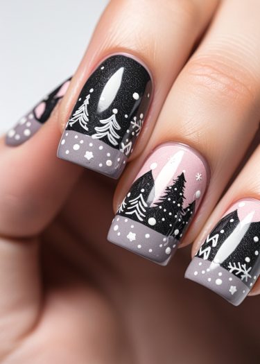 Elegant winter wonderland nail art featuring snowy landscapes, pine trees, and shimmering colors.