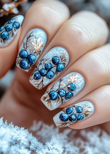 Elegant wintry blue berry nail art with shimmering frost and gold accents.