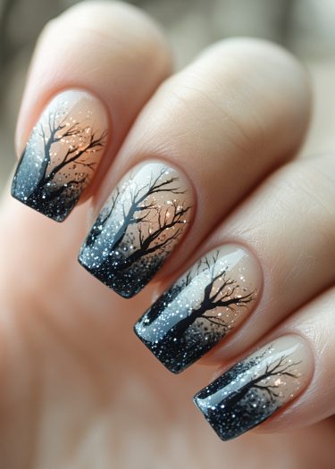 Elegant wintry forest nail art with a stunning sunset gradient and sparkling starry details.