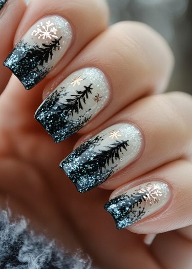 Elegant winter forest nail art with shimmering silver, black pine silhouettes, and metallic snowflakes.