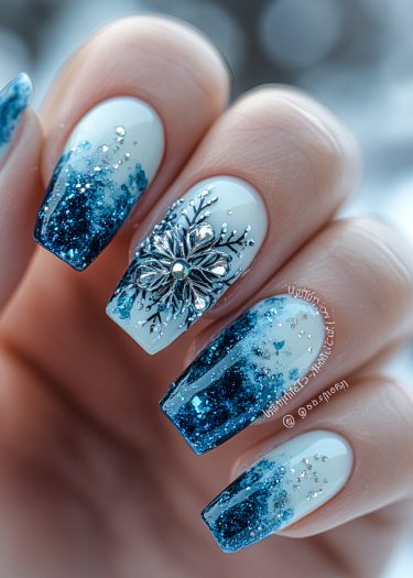 Stunning winter-themed manicure featuring icy white and midnight blue glittery nails.