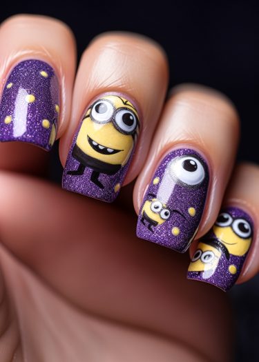 Vibrant Minions-inspired nail art with purple base and cheerful yellow characters design.