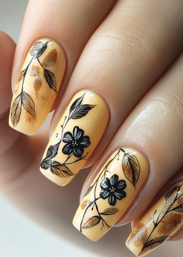 Elegant peach nail art with black floral designs and metallic gold accents for a luxurious look.