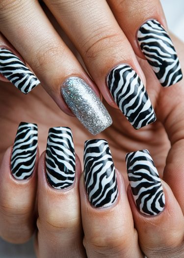 Bold zebra print nail art with glittery accents for a stylish and glamorous look.