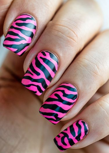 Vibrant zebra print nail art in pink and black showcasing bold, stylish manicure design.