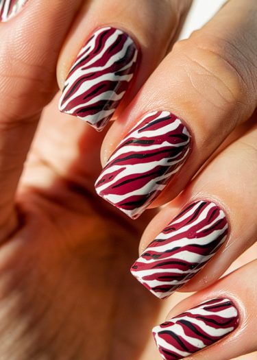 Burgundy and black zebra stripe nail art on manicured nails with a glossy finish.