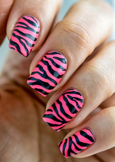 Vibrant zebra stripe nail art in pink and black showcasing stylish, creative nail designs.