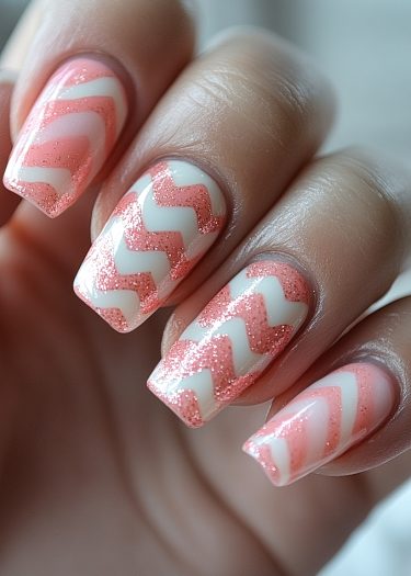 Manicured nails with coral pink zigzag glitter design on elegant creamy white base.